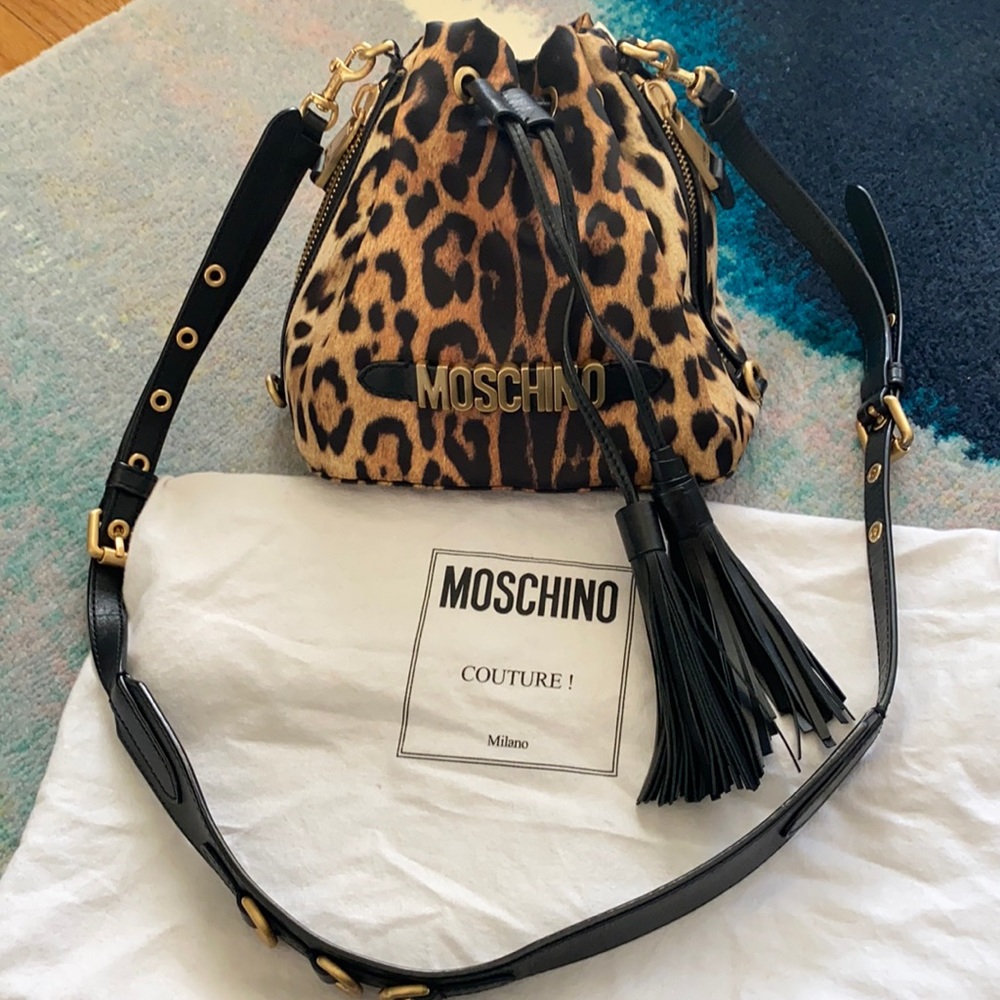 Moschino Leopard Drawstring Bucket Bag
